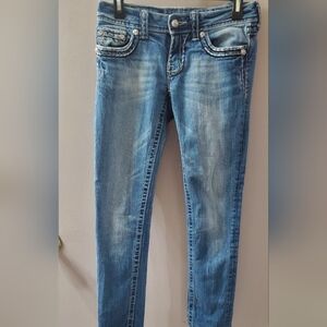 Miss Me Blue Skinny Jeans Sz 27x28 Stitch Design On Pockets